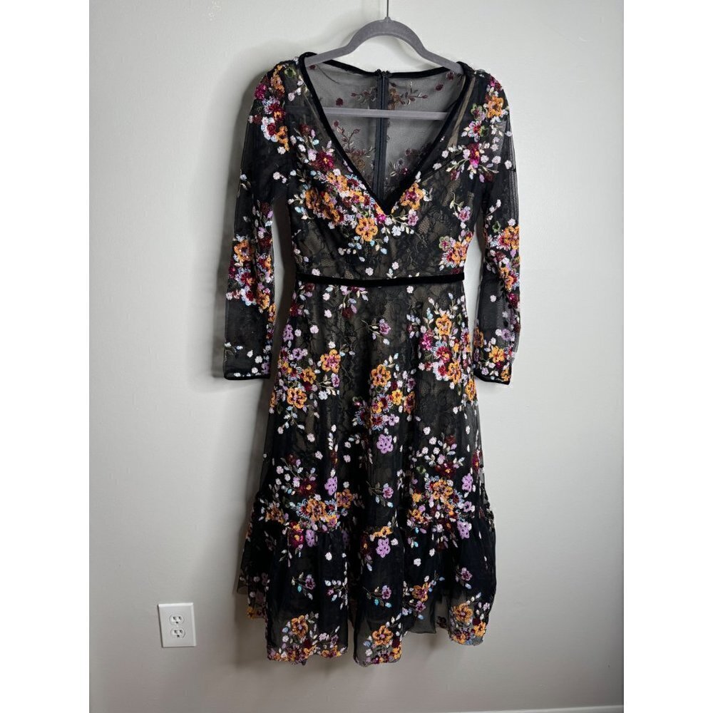 Mac Duggal 67499 Floral Lace & Sequin Long Sleeve Tulle Tea Length Dress 4 NWT - Picture 3 of 6